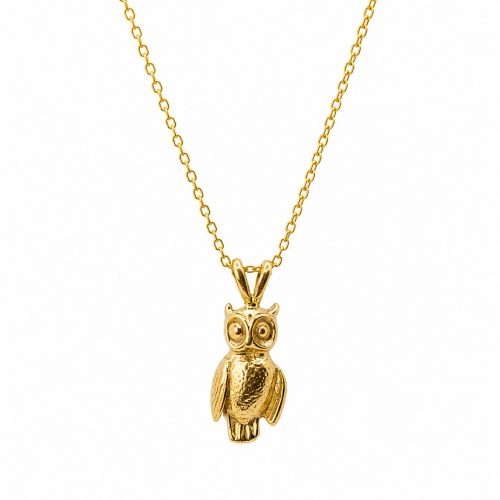 Handmade gold vermeil 925 sterling silver owl necklace with detailed owl pendant.
