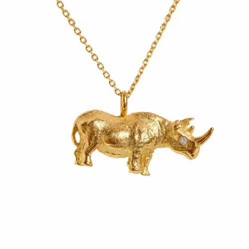 Handmade 925 sterling silver gold vermeil rhinoceros necklace with detailed wildlife pendant.