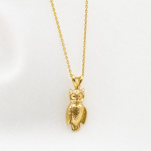Handmade gold vermeil 925 sterling silver owl necklace with detailed owl pendant.