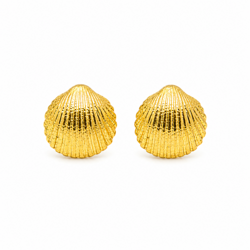 gold vermeil shell stud earrings in 925 sterling silver on beige background