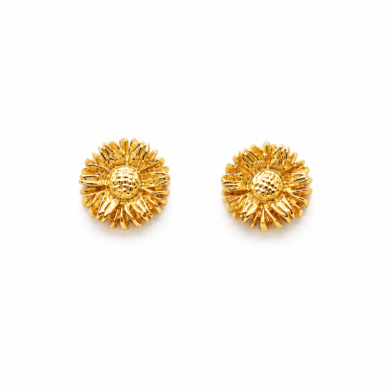 Gold-Sunflower-Stud-Earrings Gold sunflower stud earrings with floral design