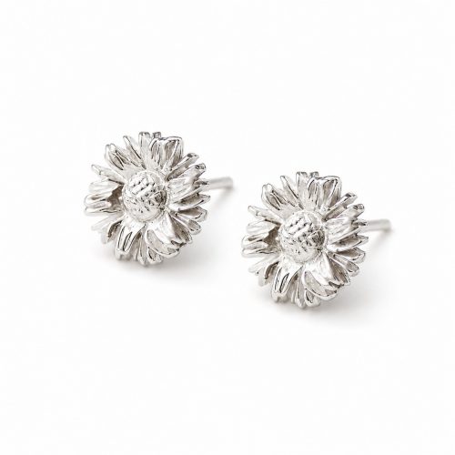Silver sunflower stud earrings with floral design