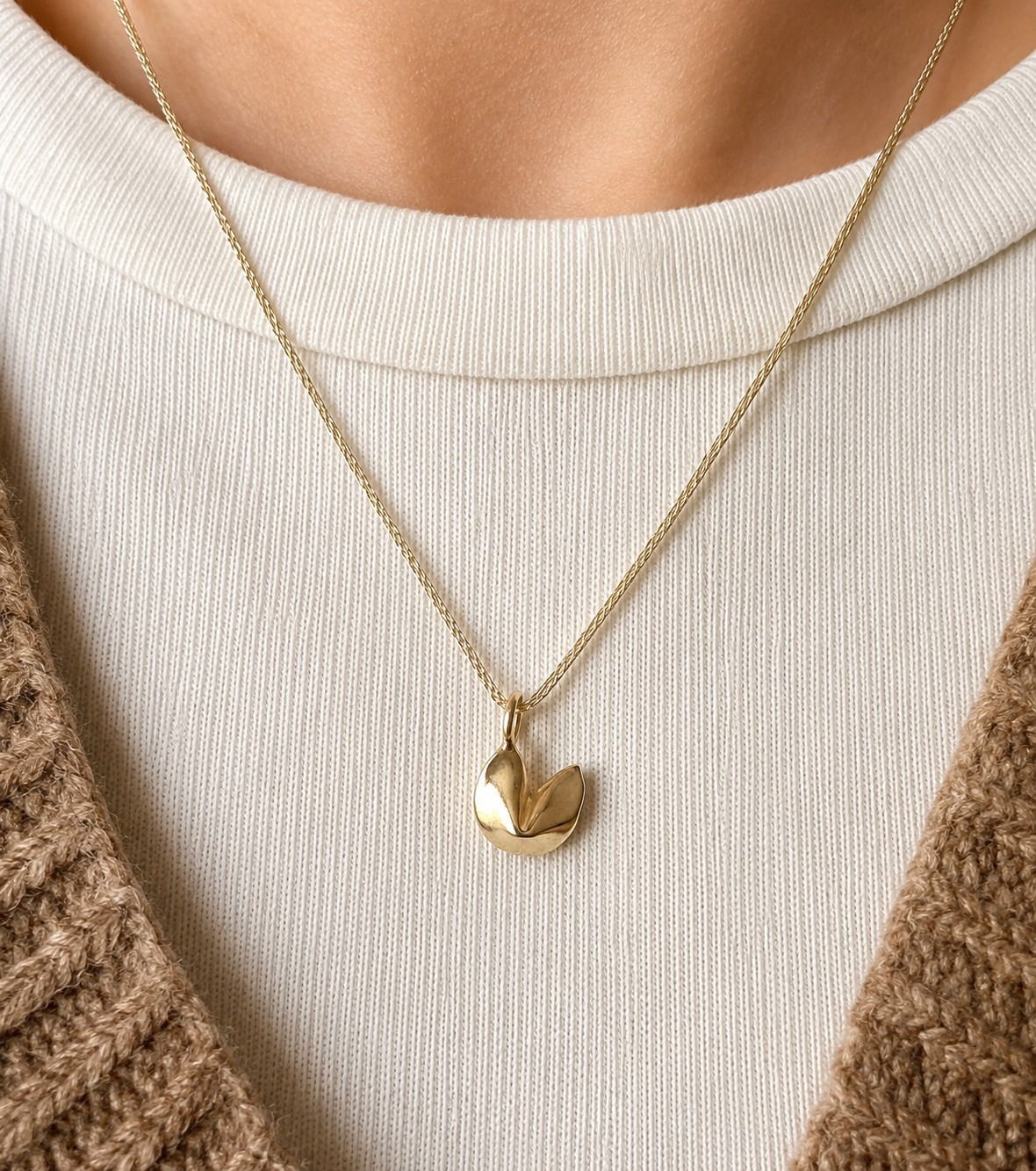 gold-fortune-cookie-necklace Gold fortune cookie pendant necklace on delicate gold cord