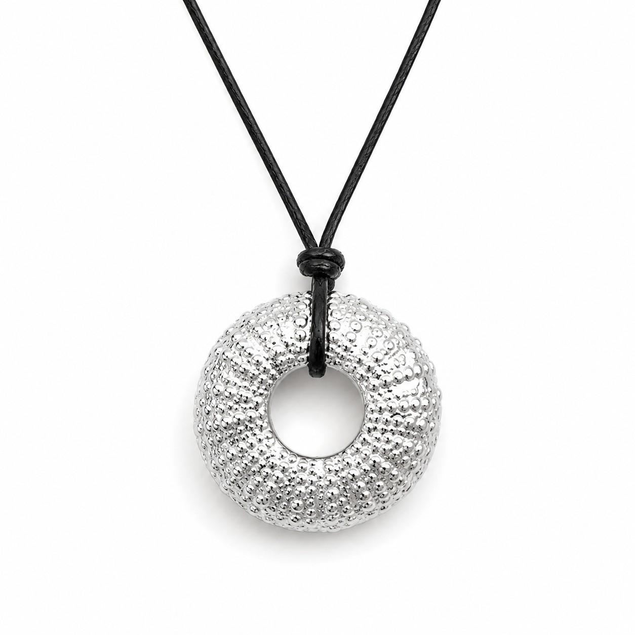 sea-urchin-pendant-black-cord Handmade silver sea urchin pendant necklace on black cord inspired by Mediterranean marine life.