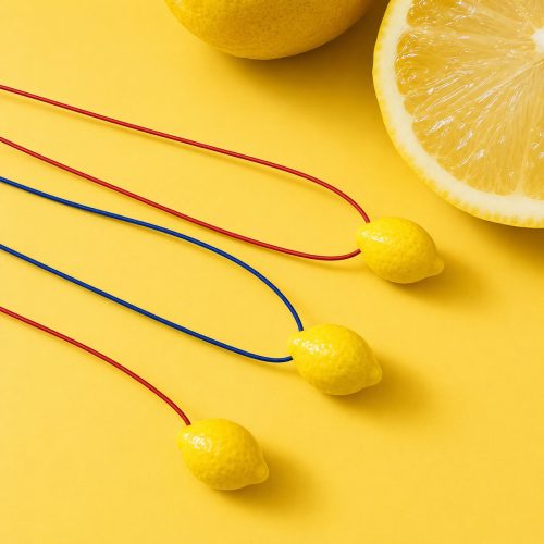 Handmade ceramic lemon pendant necklace with adjustable colorful cord.
